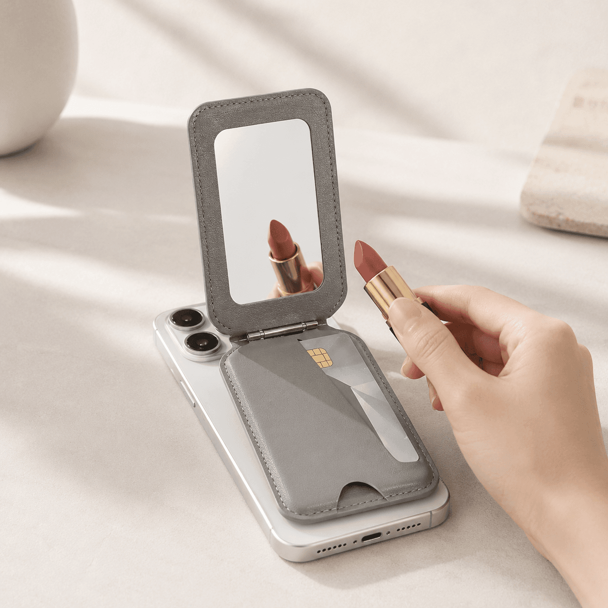 PU Magnetic Wallet with Mirror and Foldable Stand
