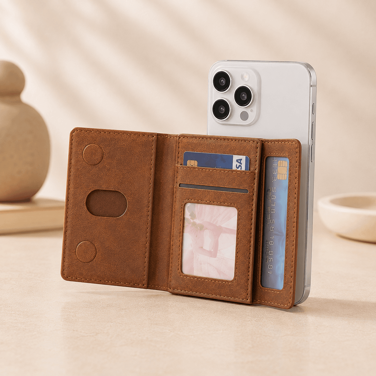 PU Magnetic Folio Wallet with ID Window and Foldable Stand