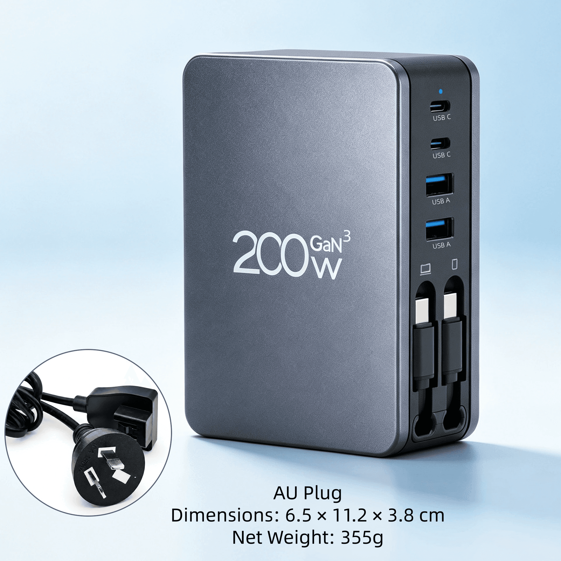 200W GaN Desktop Charger with Dual Retractable USB-C Cables